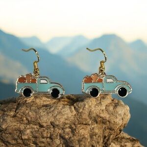 Vintage Truck Fall Harvest Pumpkin in a Truck Enamel Fashion Drop Earrings